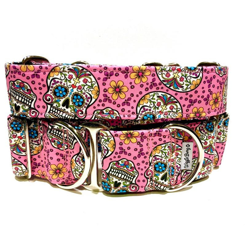 Pink Sugar Skulls Dog Collar by Big Paw Shop featuring a whimsical design on cotton fabric