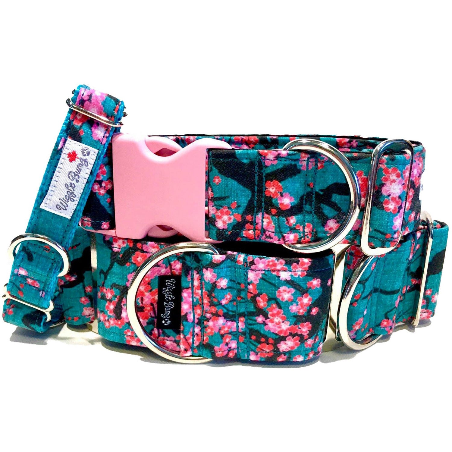 Cherry Blossom Dog Collar by Big Paw Shop featuring a whimsical design on cotton fabric