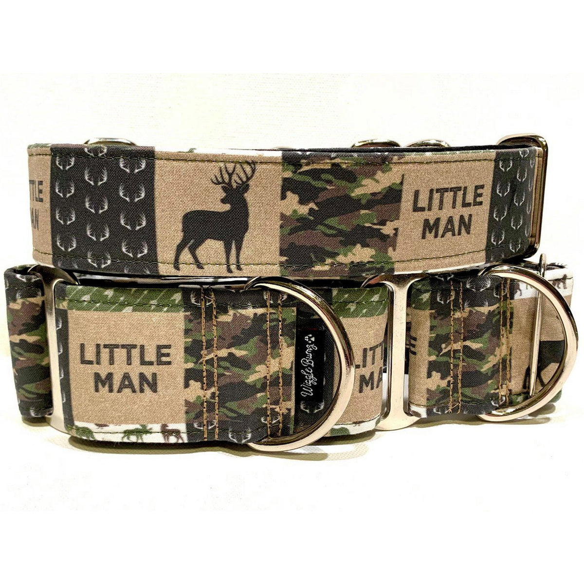 Little Man Camo Dog Collar by Big Paw Shop featuring a whimsical design on cotton fabric