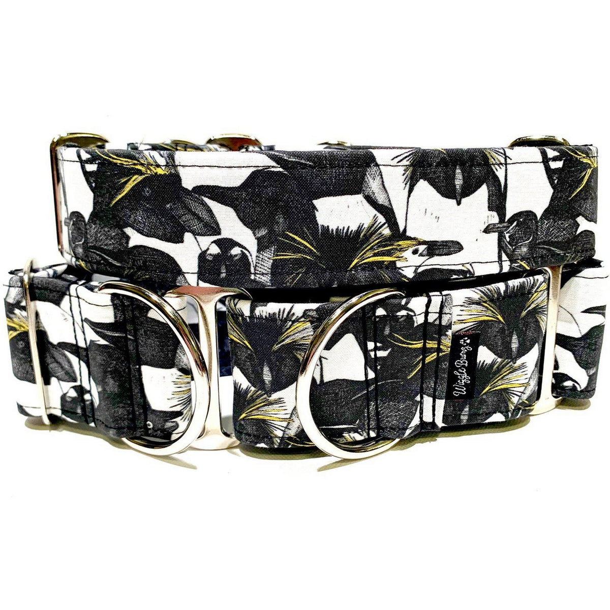 March of the Penguin Dog Collar by Big Paw Shop featuring a whimsical design on cotton fabric